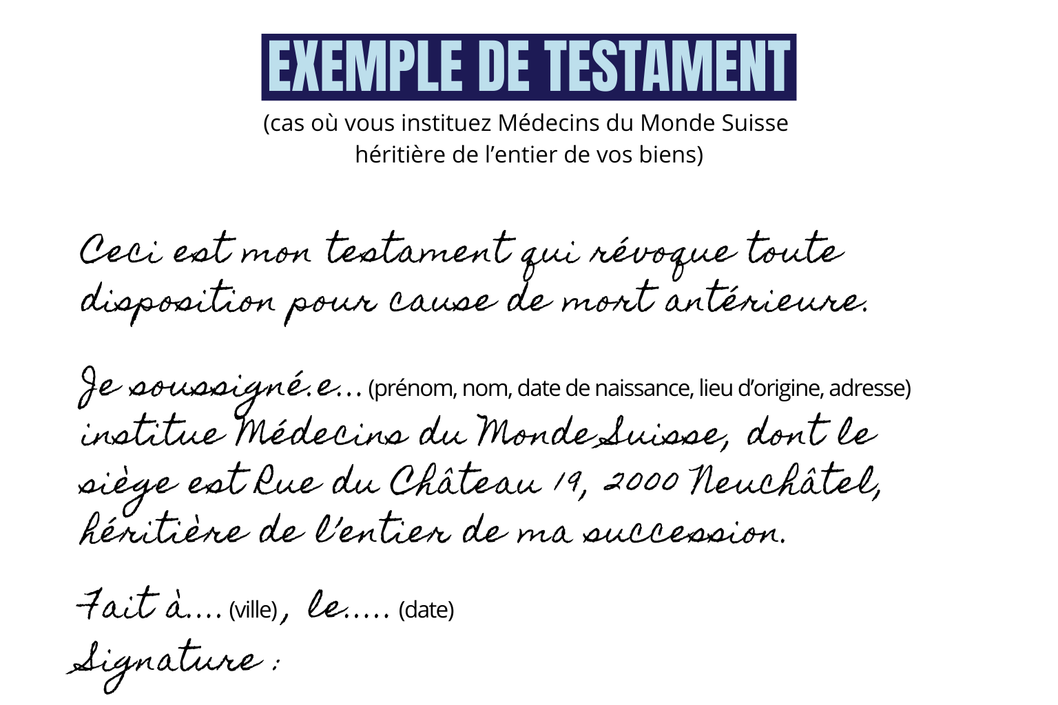 Exemple de testament pour Médecins du Monde Suisse