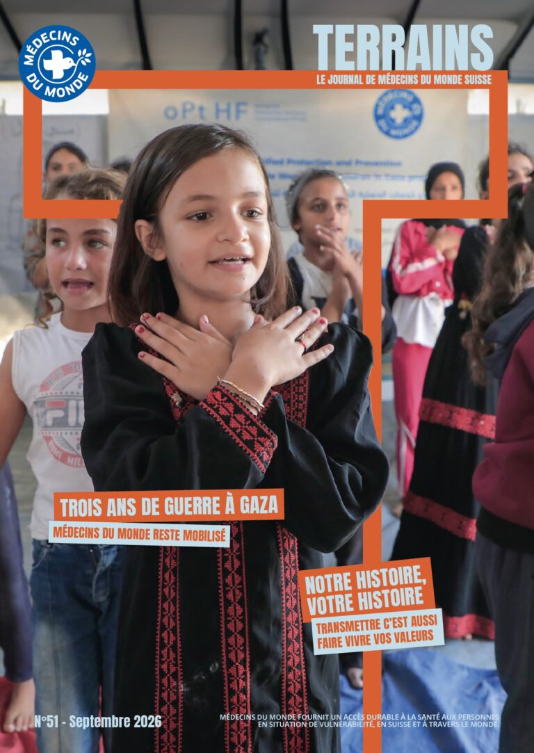 Couverture : activités récréatives pour les enfants de Gaza. Terrains, le journal de Médecins du Monde Suisse. Edition n°50, septembre 2026.